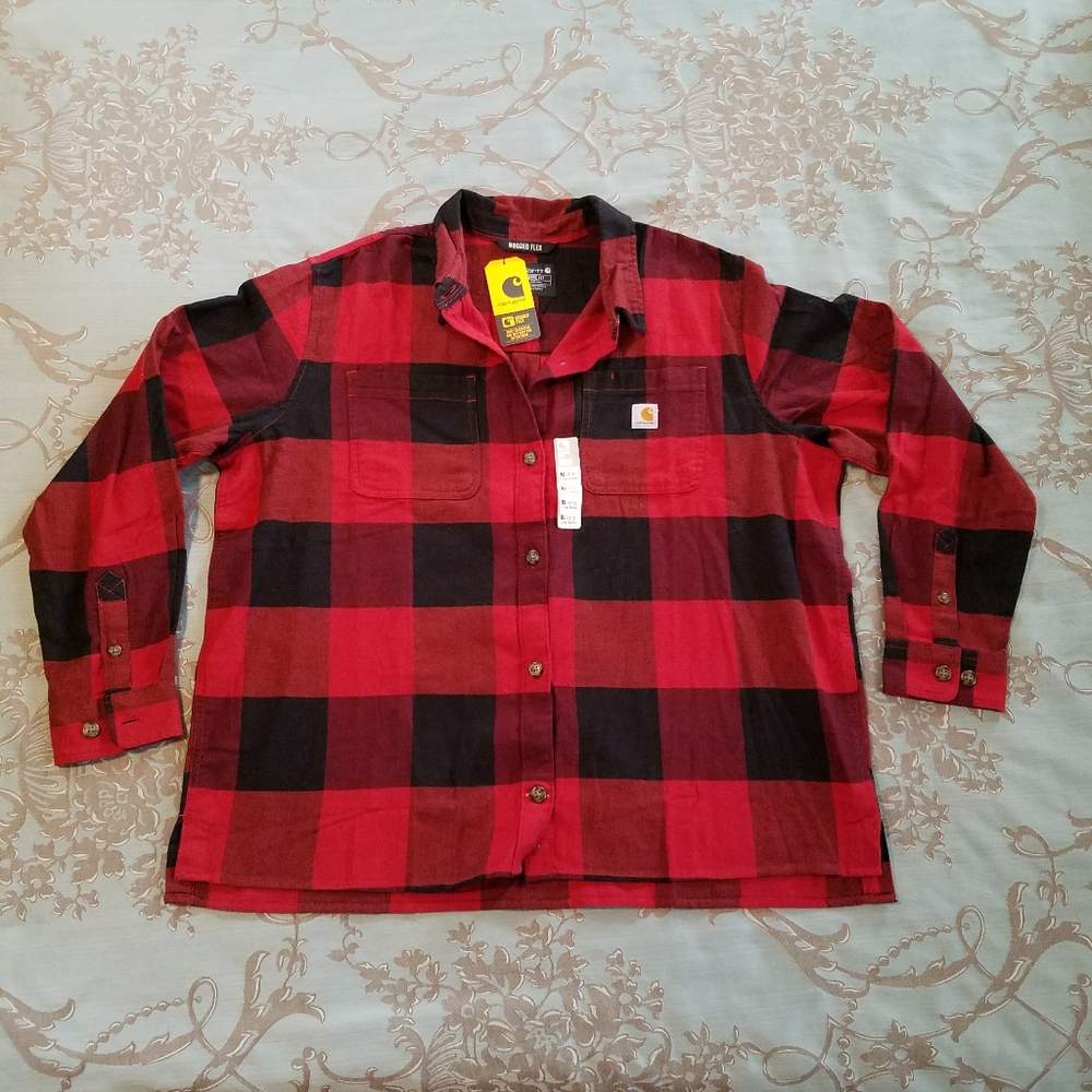 Carhartt Rugged Flex Loose Fit Midweight Flannel Long Sleeve Red Black Shirt XL
